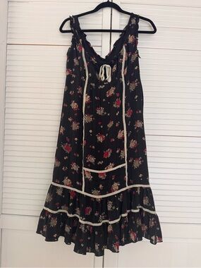 Anna Sui Black Floral Tiered Sundress 100 Silk with Lace Trim